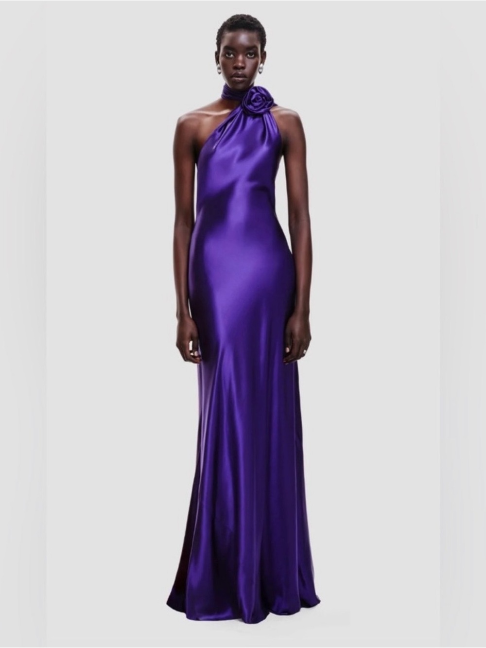 Purple One-Shoulder Satin Evening Gown with Rosette